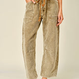 Front view of Moxie Barrel Eyelet Jeans in corduroy camel with corded drawstrings, waist eyelet detail, deep pockets, and relaxed barrel leg shape.