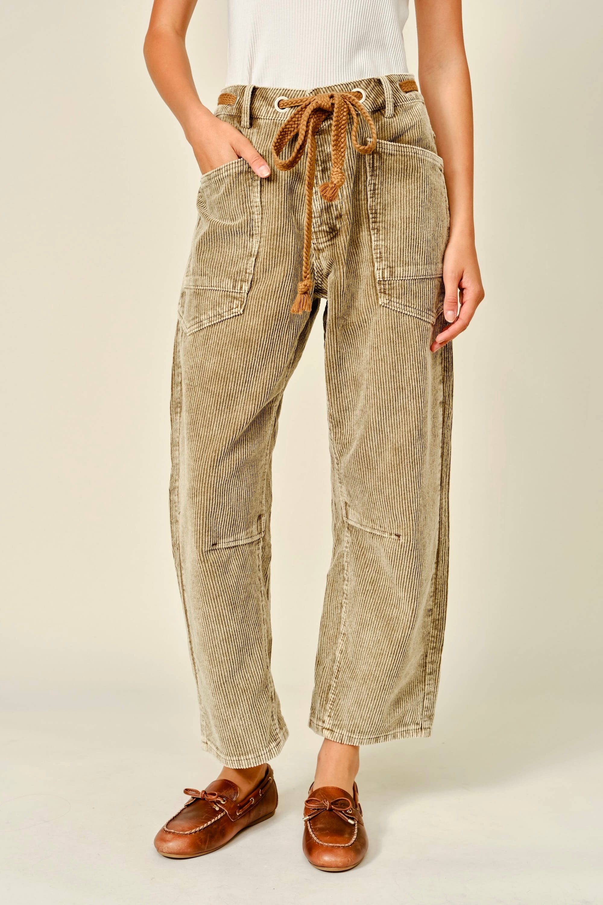 Front view of Moxie Barrel Eyelet Jeans in corduroy camel with corded drawstrings, waist eyelet detail, deep pockets, and relaxed barrel leg shape.