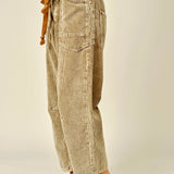 view of Moxie Barrel Eyelet Jeans in corduroy camel, showing the soft corduroy texture, cropped length, and slouchy relaxed fit.