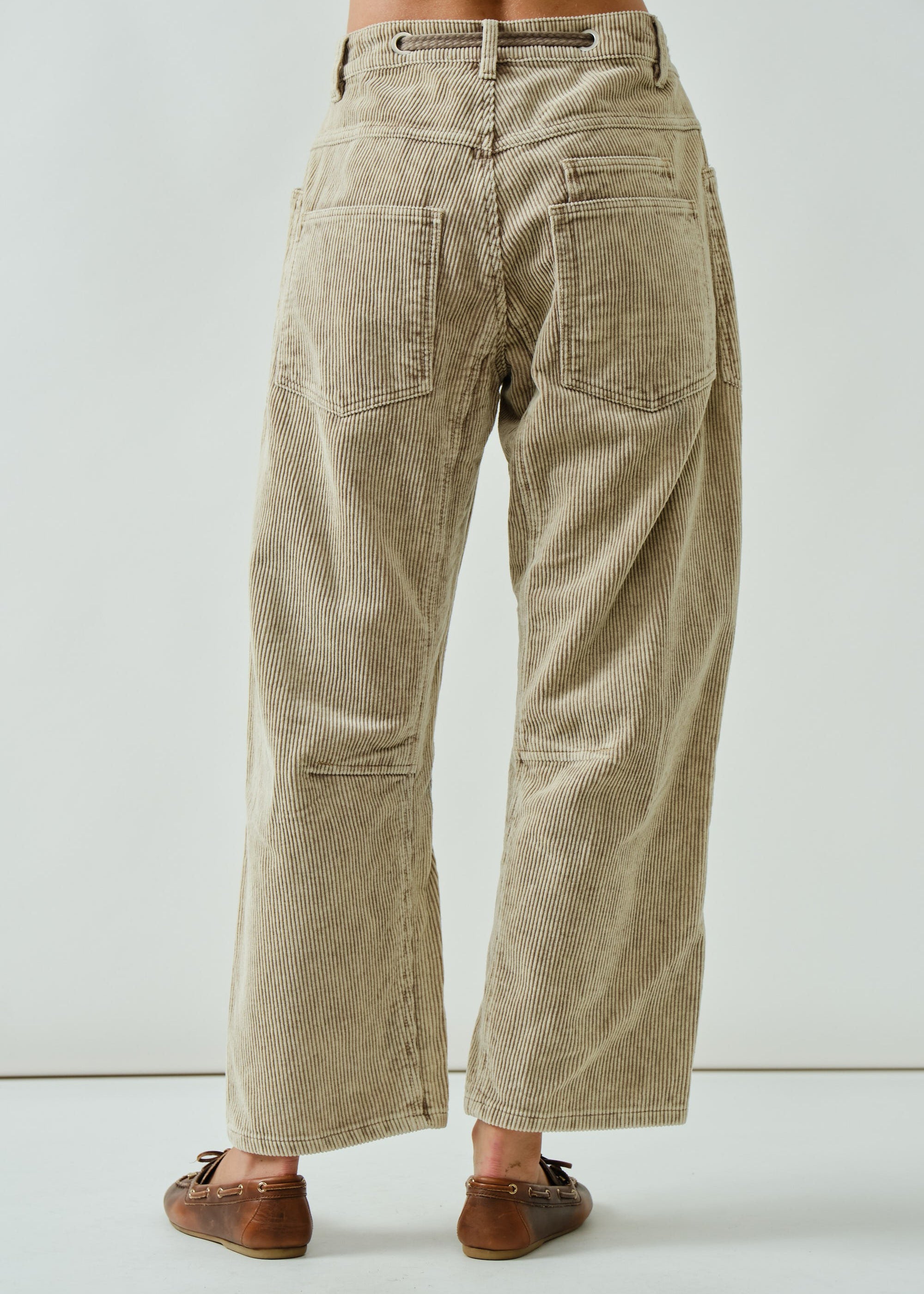 Back of Moxie Barrel Eyelet Jeans in corduroy dove — soft corduroy texture and modern relaxed silhouette.