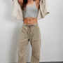 Model is wearing Moxie Corduroy Barrel Jeans in Dove 