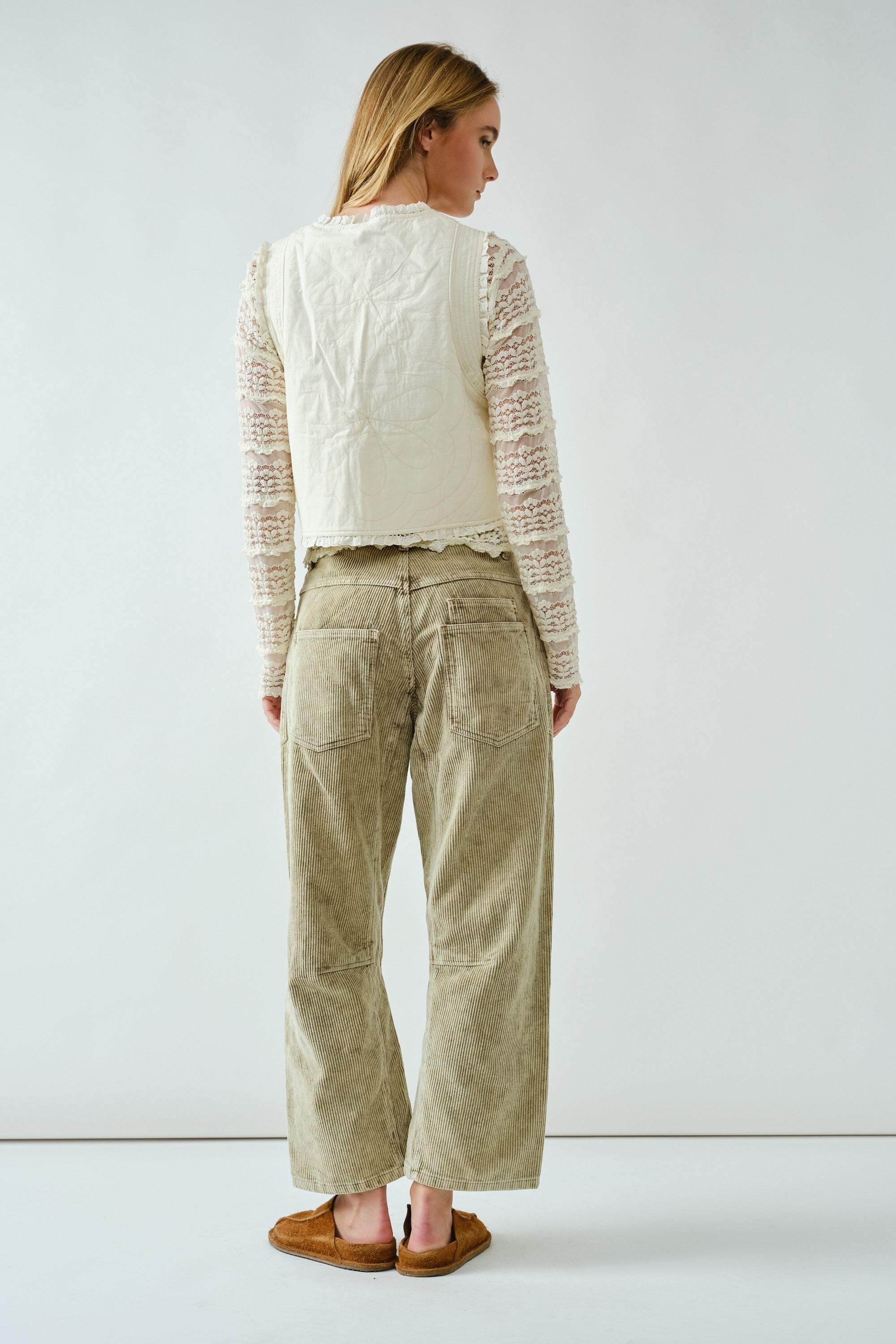 Moxie Barrel Eyelet Jeans in corduroy olive showing slouchy cropped fit — comfortable and chic women’s pants.