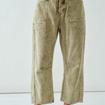 Front view of Moxie Barrel Eyelet Jeans in corduroy olive — cropped barrel leg and slouchy relaxed fit.
