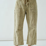 Front view of Moxie Barrel Eyelet Jeans in corduroy olive — cropped barrel leg and slouchy relaxed fit.