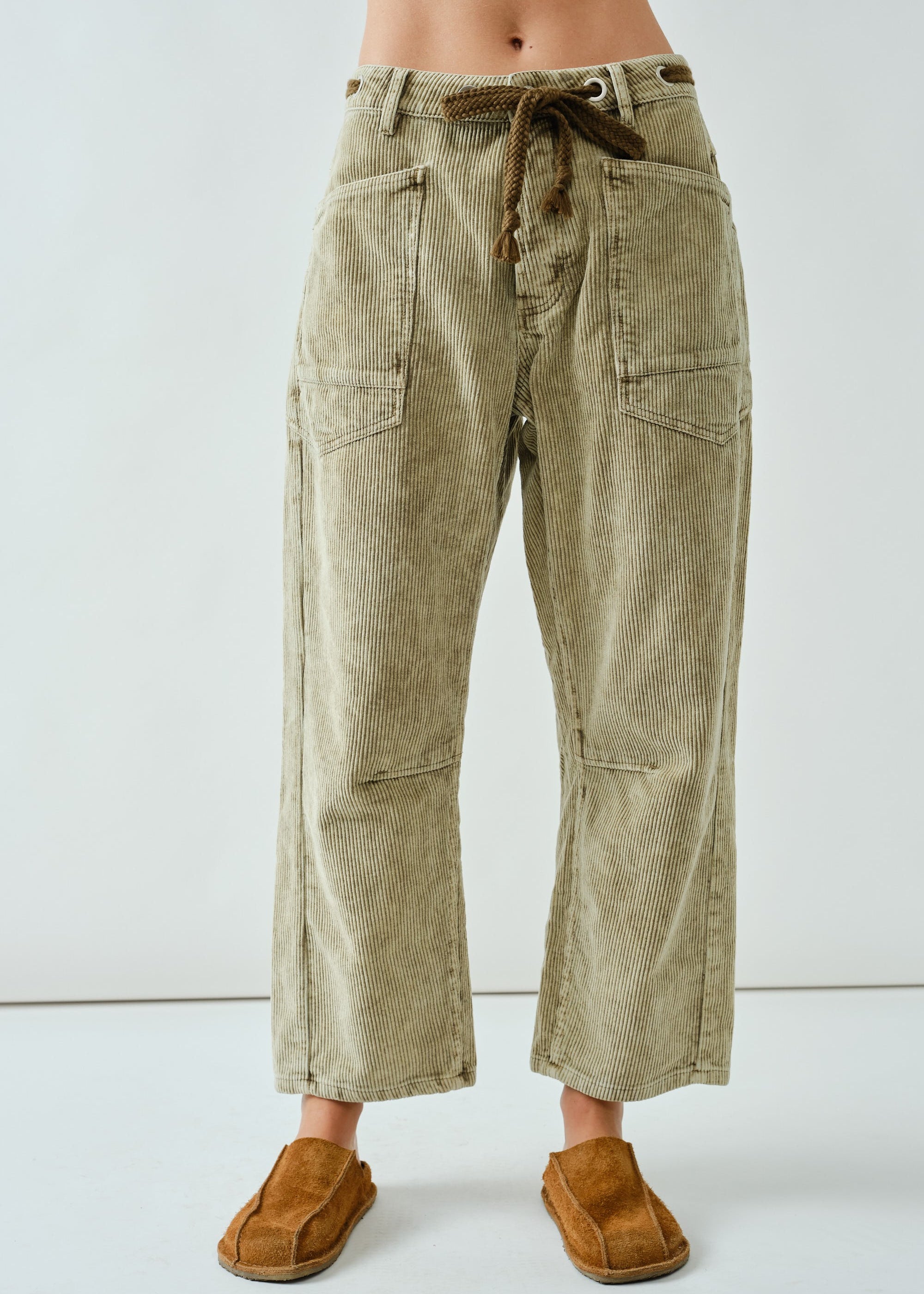 Front view of Moxie Barrel Eyelet Jeans in corduroy olive — cropped barrel leg and slouchy relaxed fit.