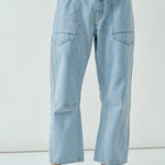 Moxie barrel eyelet jeans in light jacquard stripe, front view