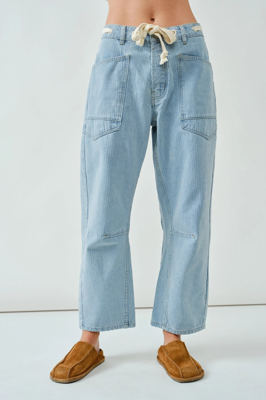 Moxie barrel eyelet jeans in light jacquard stripe, front view