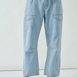 Moxie barrel eyelet jeans in light jacquard stripe, front view