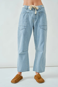 Moxie barrel eyelet jeans in light jacquard stripe, front view