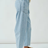Moxie barrel eyelet jeans in light jacquard stripe, side view