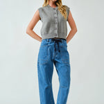 Front portrait of model wearing the Moxie Barrel Eyelet Jeans in medium jacquard stripes