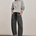 Moxie Barrel Eyelet Jeans in Polka Dot Black, front view, featuring a relaxed barrel-leg silhouette and white dot print.