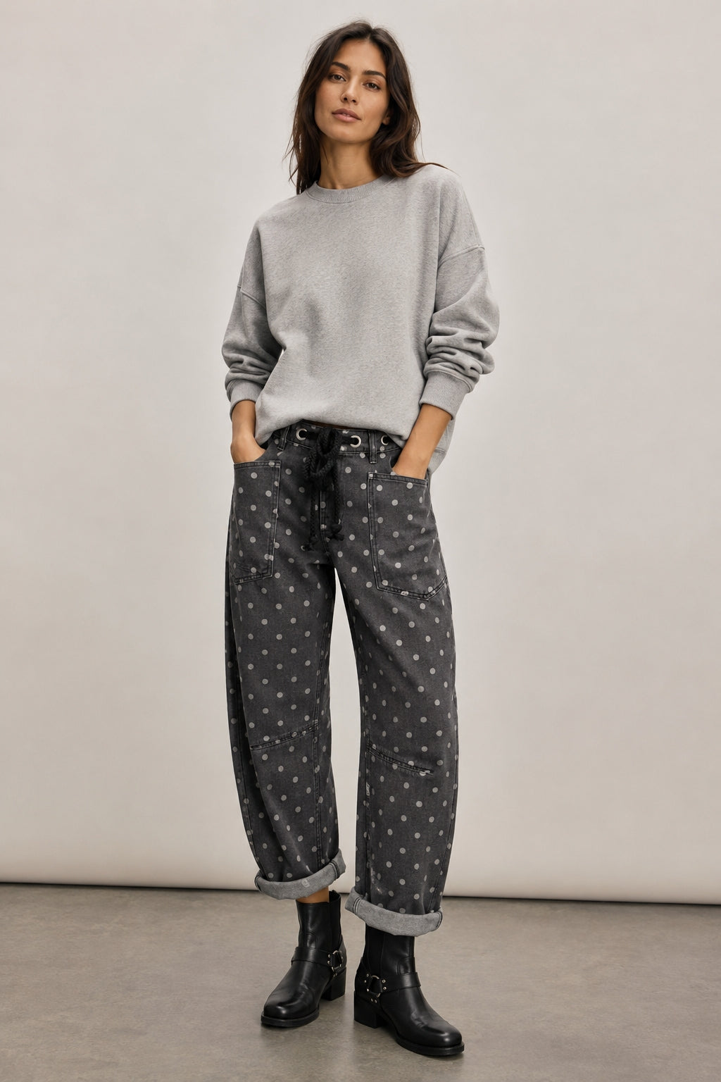 Moxie Barrel Eyelet Jeans in Polka Dot Black, front view, featuring a relaxed barrel-leg silhouette and white dot print.