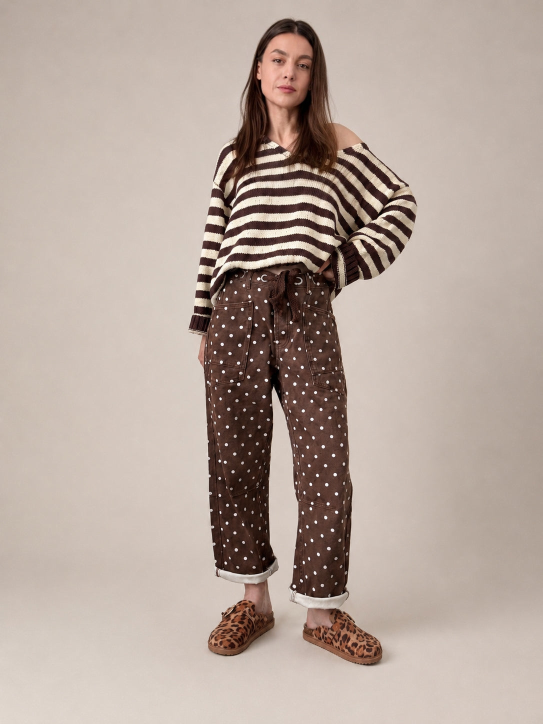Moxie Barrel Eyelet Jeans in Polka Dot Brown front view with relaxed barrel leg fit and white dot print - full front view