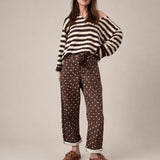 Moxie Barrel Eyelet Jeans in Polka Dot Brown front view with relaxed barrel leg fit and white dot print - full front view