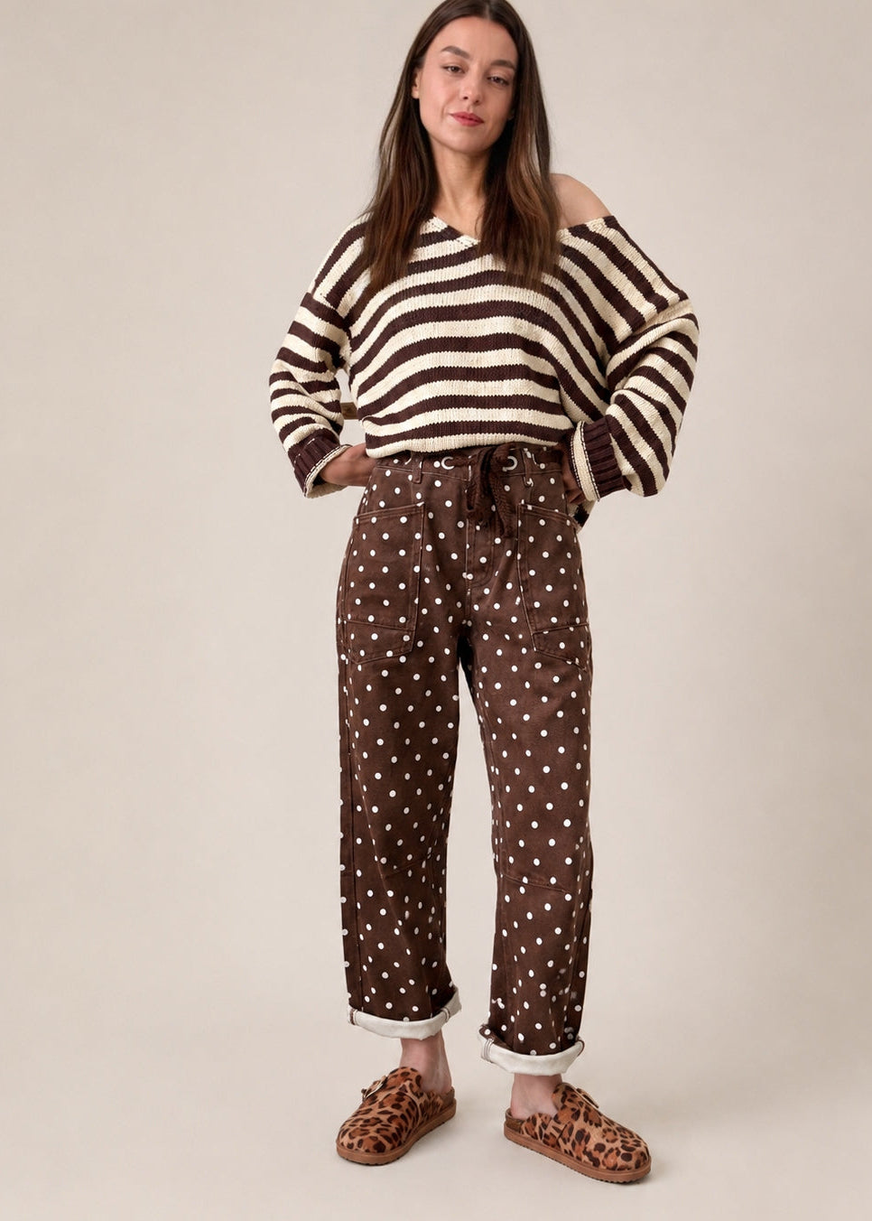 Front view of Moxie Polka Dot Barrel Jeans in Brown showing the relaxed barrel-leg fit