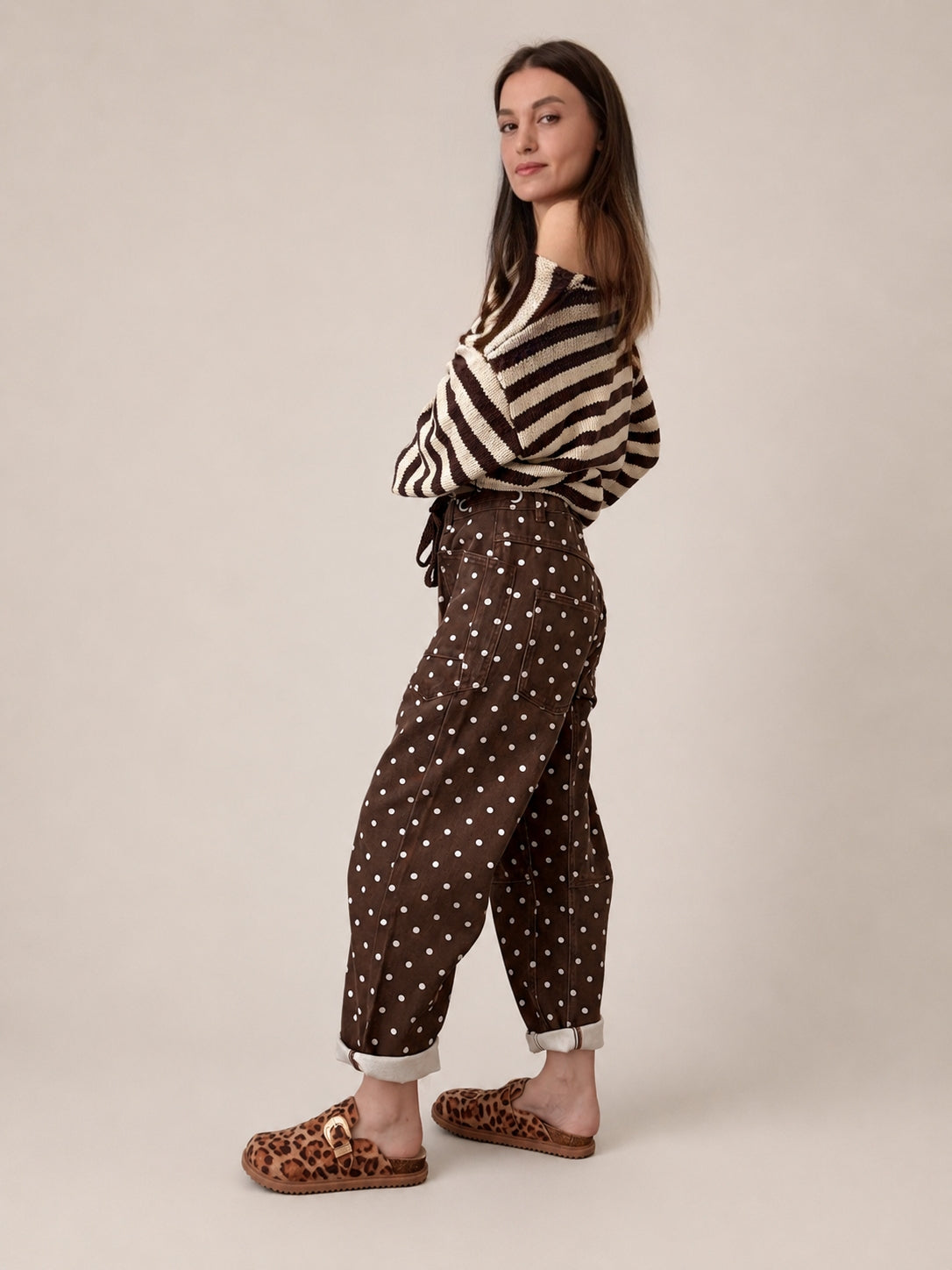 Back view of Moxie Barrel Eyelet Jeans in Polka Dot Brown with cropped slouchy barrel silhouette