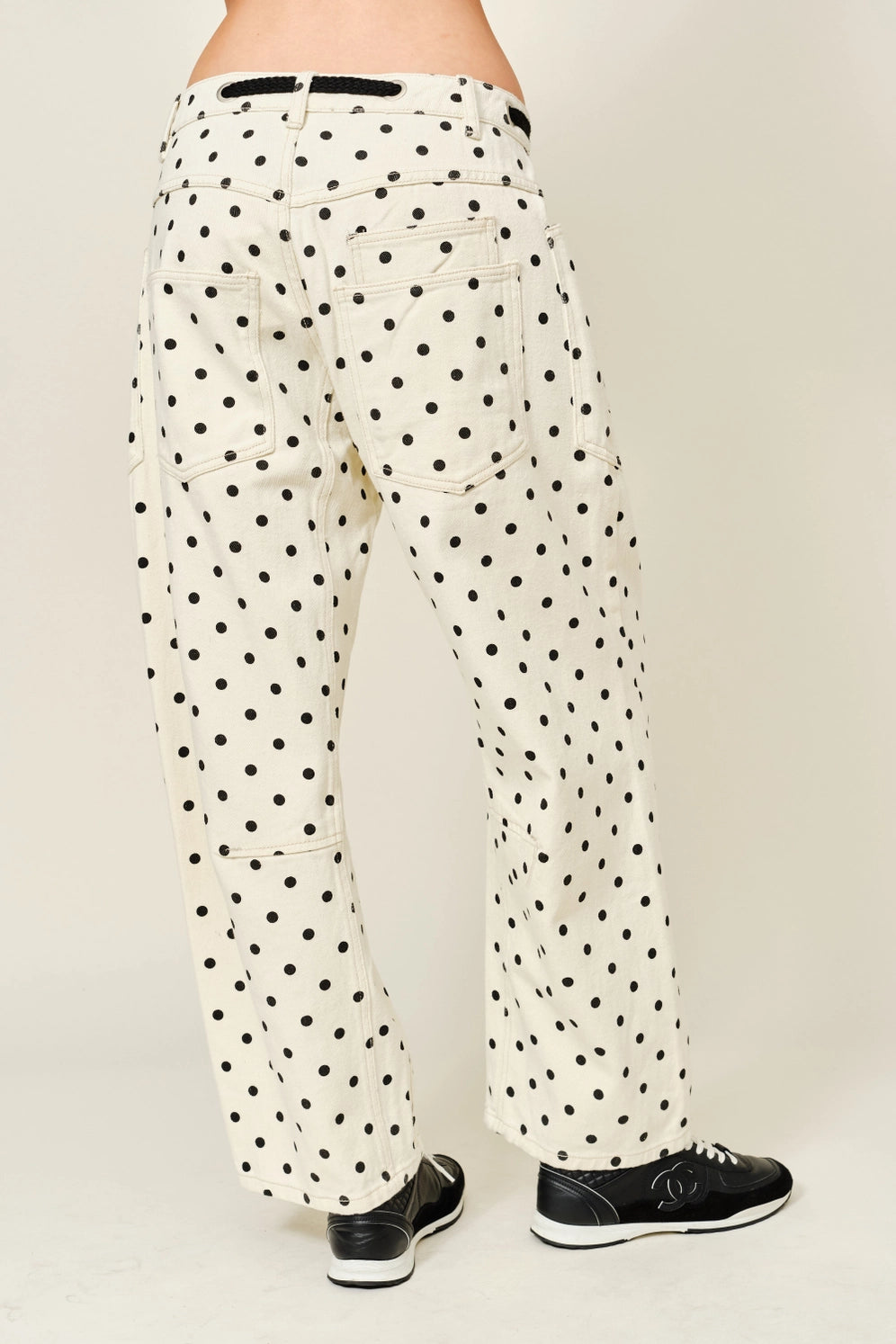 Back view of Moxie Barrel Eyelet Jeans in polka dot cream
