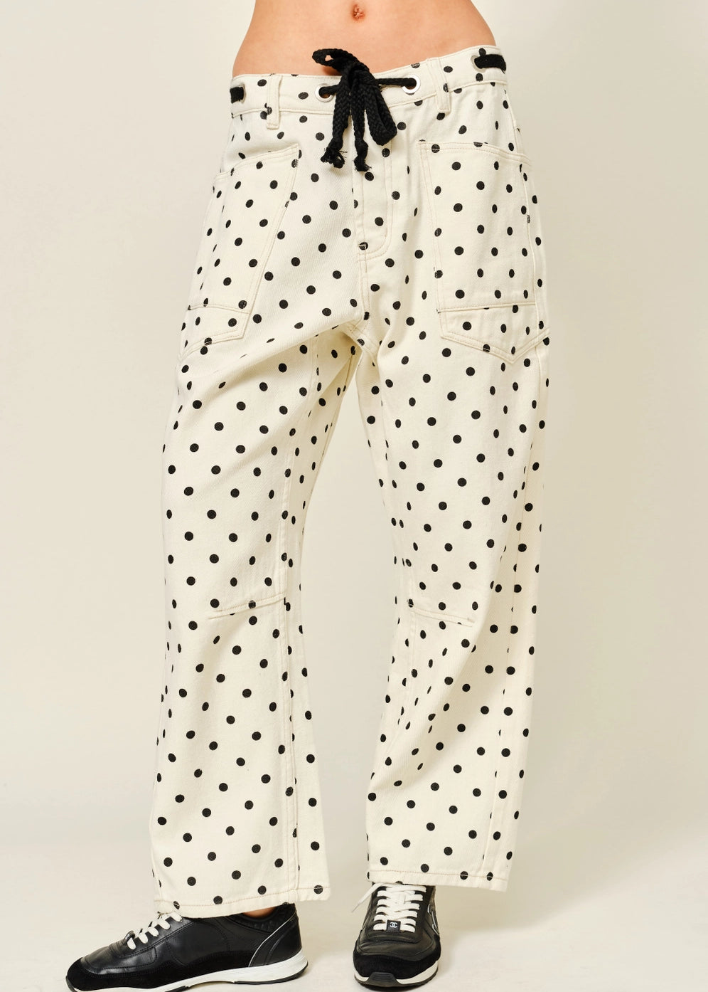 Front view of Moxie Polka Dot Barrel Jeans in Cream