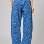 Back view of Moxie Barrel Eyelet Jeans in polka dot denim
