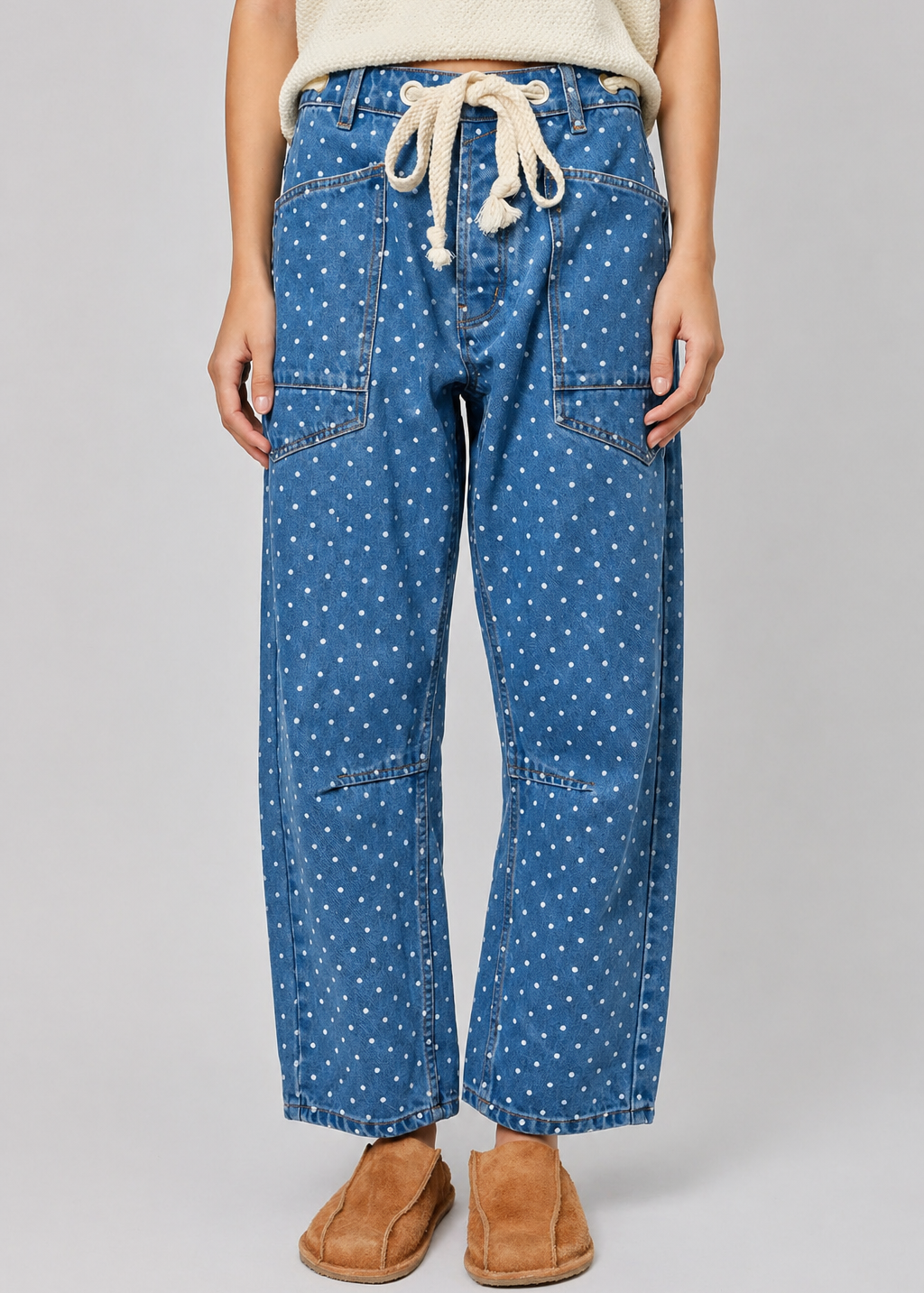 Front view of Moxie Polka Dot Barrel Jeans in Denim