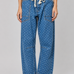 Front view of Moxie Barrel Eyelet Jeans in polka dot denim