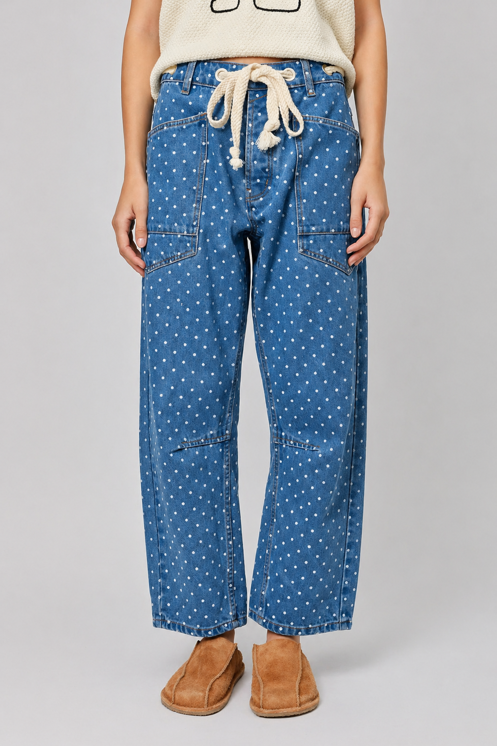 Front view of Moxie Barrel Eyelet Jeans in polka dot denim