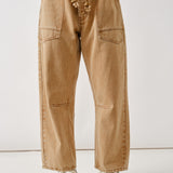 Front flat view of the Moxie Barrel Eyelet Jeans in rust
