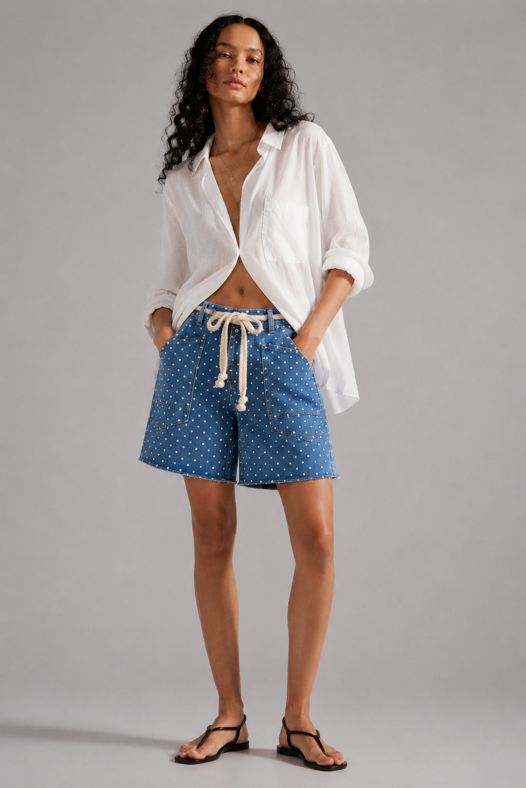 Model wearing Moxie Barrel Shorts in Denim Dot styled with an easy everyday top for a relaxed casual outfit.