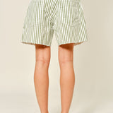 Moxie Barrel Shorts in Olive Stripe, back view with relaxed fit and raw-edge hem