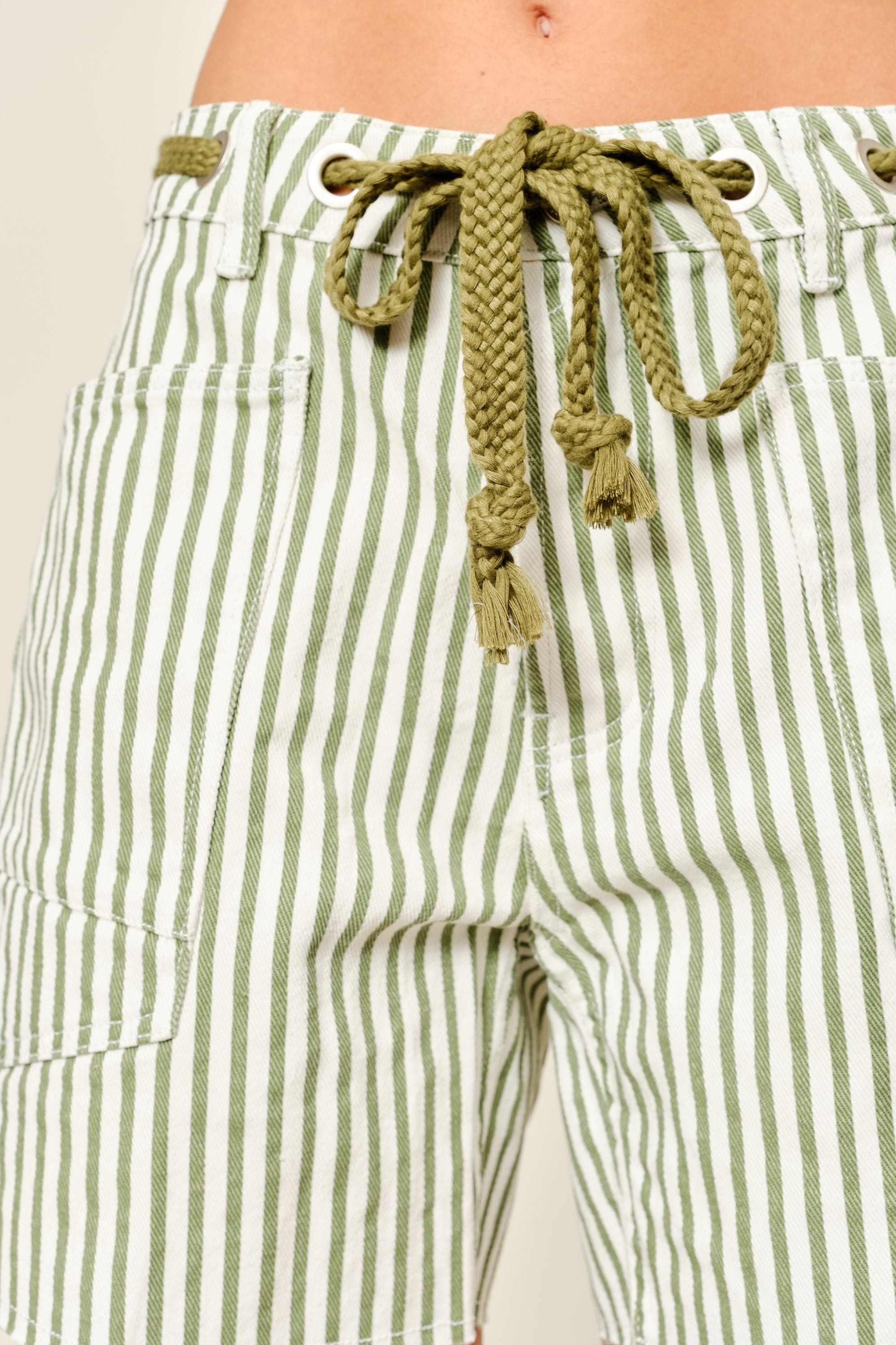 Moxie Barrel Shorts in Olive Stripe, close-up front view