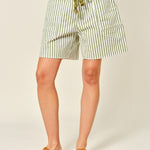 Moxie Barrel Shorts in Olive Stripe, front view with corded drawstring waist and oversized pockets