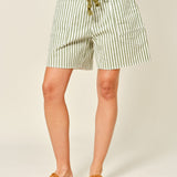 Moxie Barrel Shorts in Olive Stripe, front view with corded drawstring waist and oversized pockets