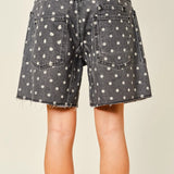 Back view of Moxie Barrel Shorts in charcoal black with white polka dots