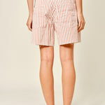 Moxie Barrel Shorts in Rust Stripe, back view with relaxed fit and raw-edge hem