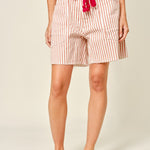 Moxie Barrel Shorts in Rust Stripe, front view with corded drawstring waist and oversized pockets