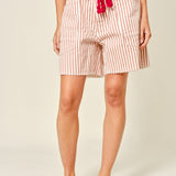 Moxie Barrel Shorts in Rust Stripe, front view with corded drawstring waist and oversized pockets
