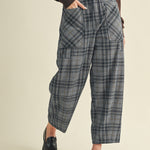 Full-length view of Nice Choice pull-on plaid pants highlighting barrel-leg shape and ankle length