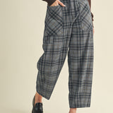 Full-length view of Nice Choice pull-on plaid pants highlighting barrel-leg shape and ankle length