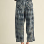 Angled back view of Nice Choice pull-on plaid pants in washed denim with classic plaid print