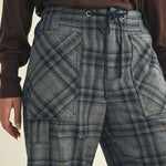 Front view of Nice Choice pull-on plaid pants showing elastic waistband and plaid denim fabric