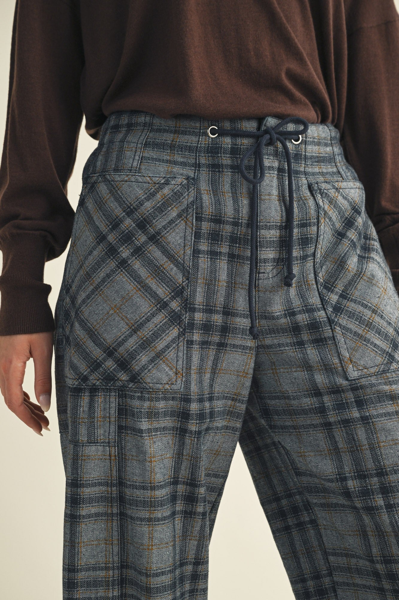 Front view of Nice Choice pull-on plaid pants showing elastic waistband and plaid denim fabric