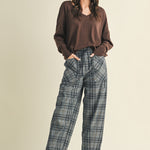 Nice Choice pull-on plaid pants in washed denim with a relaxed barrel fit and elastic waistband