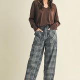 Nice Choice pull-on plaid pants in washed denim with a relaxed barrel fit and elastic waistband