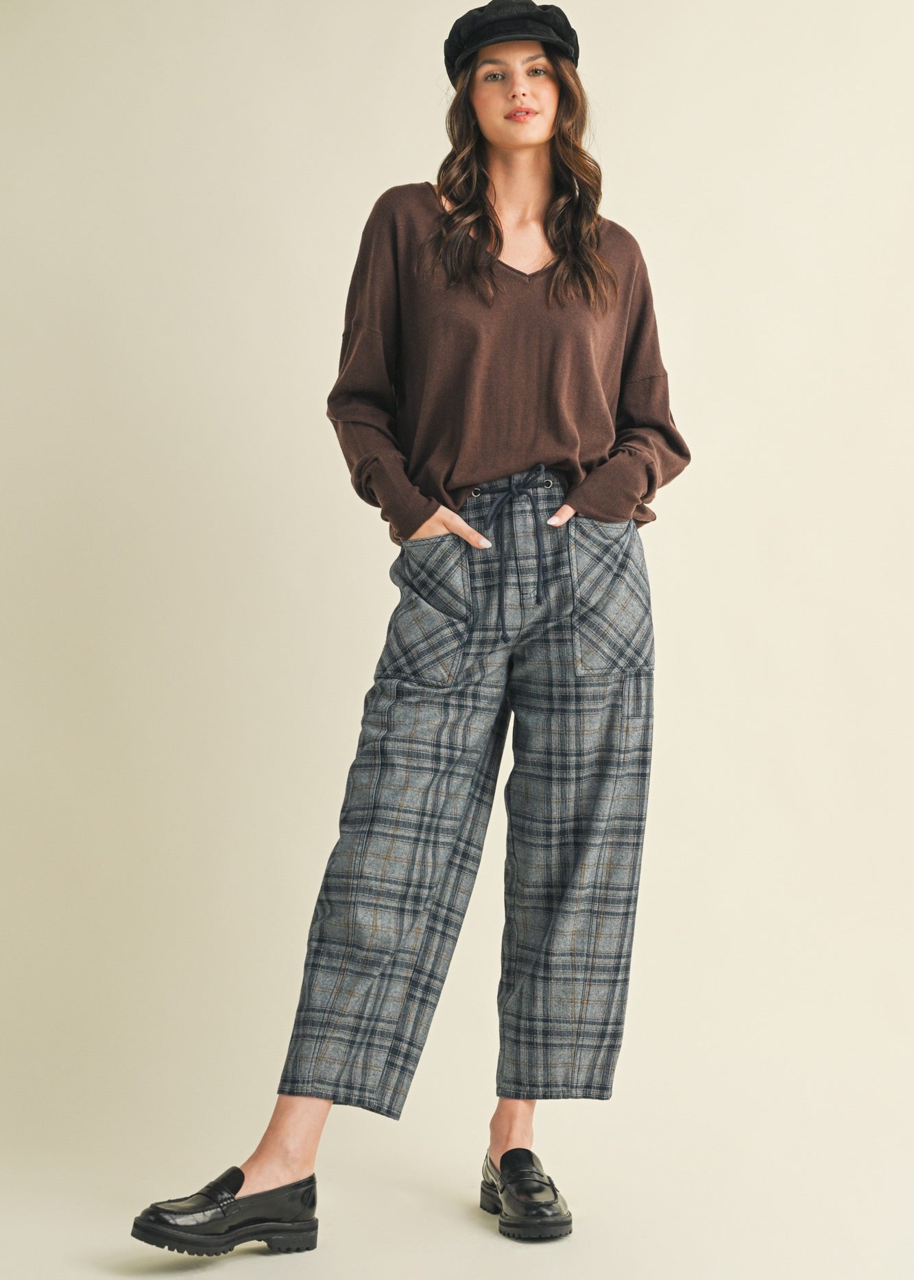 Nice Choice pull-on plaid pants in washed denim with a relaxed barrel fit and elastic waistband