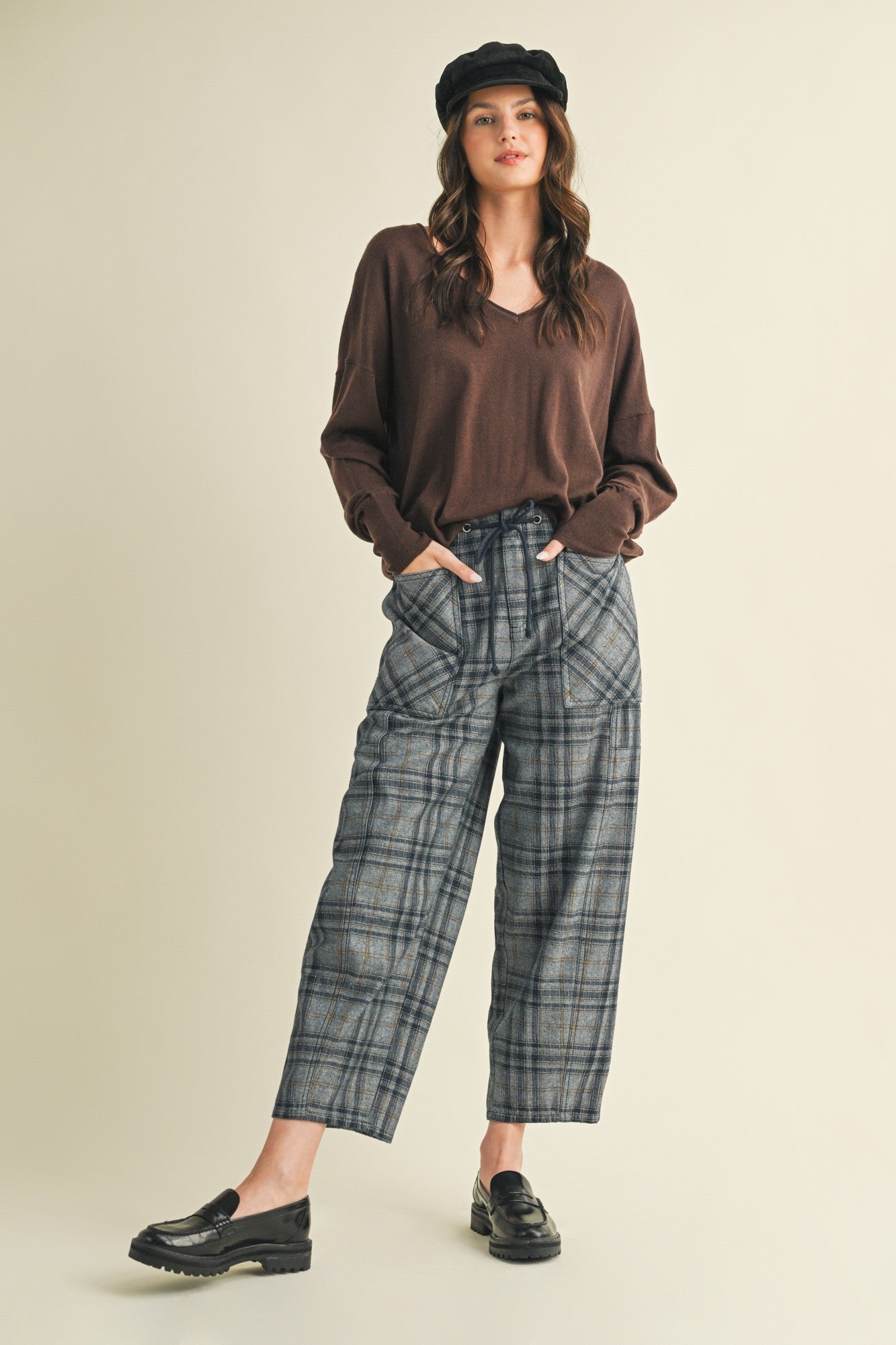 Nice Choice pull-on plaid pants in washed denim with a relaxed barrel fit and elastic waistband