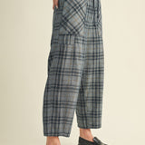 Side view of Nice Choice pull-on plaid pants with relaxed barrel-leg silhouette