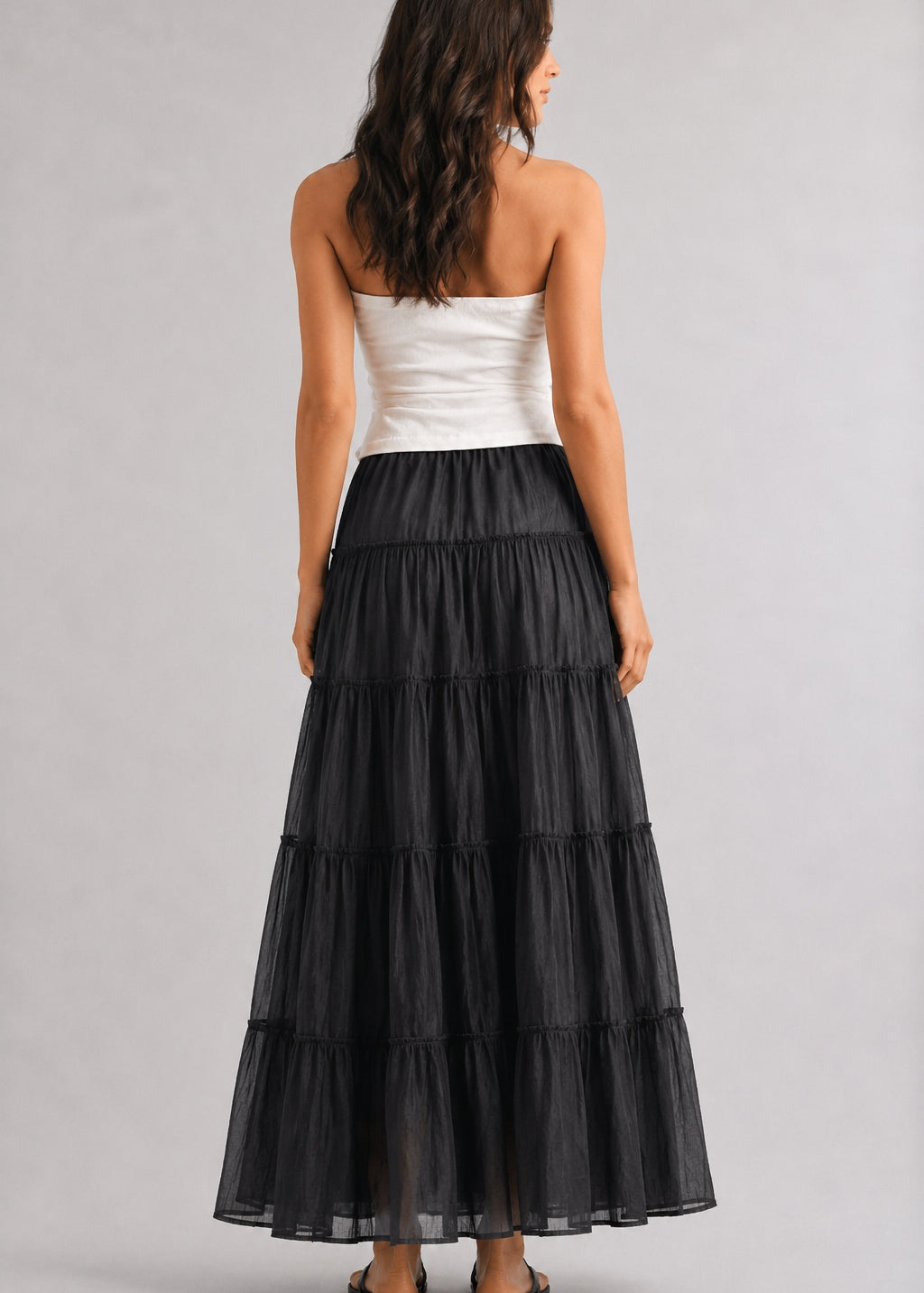 One Brynn black cotton maxi skirt shown back view