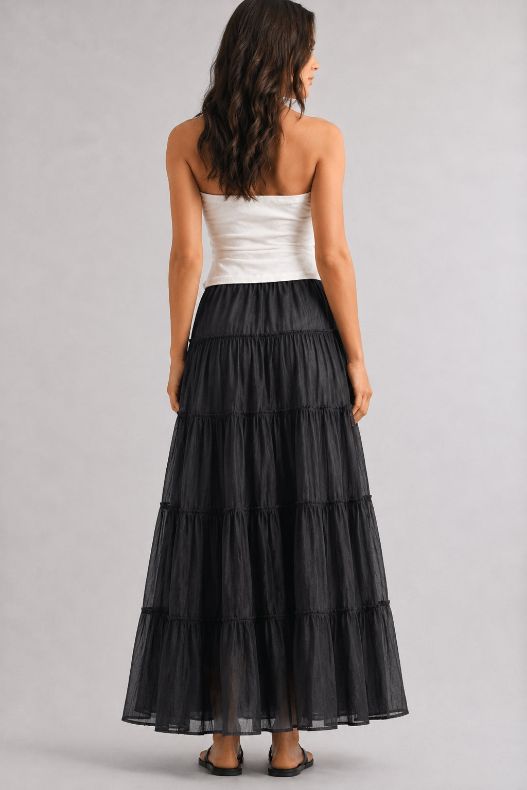 One Brynn black cotton maxi skirt shown back view