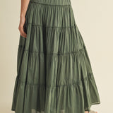 Back view of the cotton tiered maxi skirt in dill green